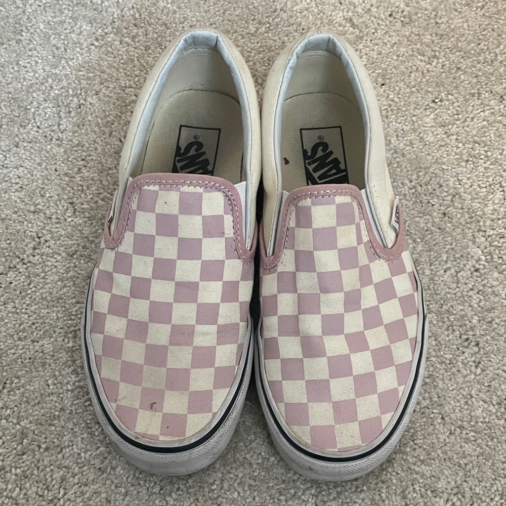 Women’s Vans pink and white checker slip ons